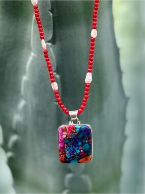 Spiny Oyster Turquoise Pendant Necklace Rectangle